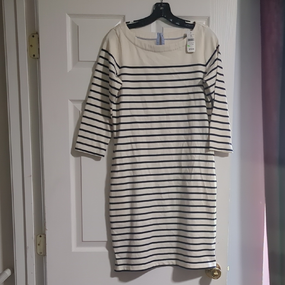 L.L. Bean Cream and White Sheath Dress with 3/4 Cuffed Sleeves